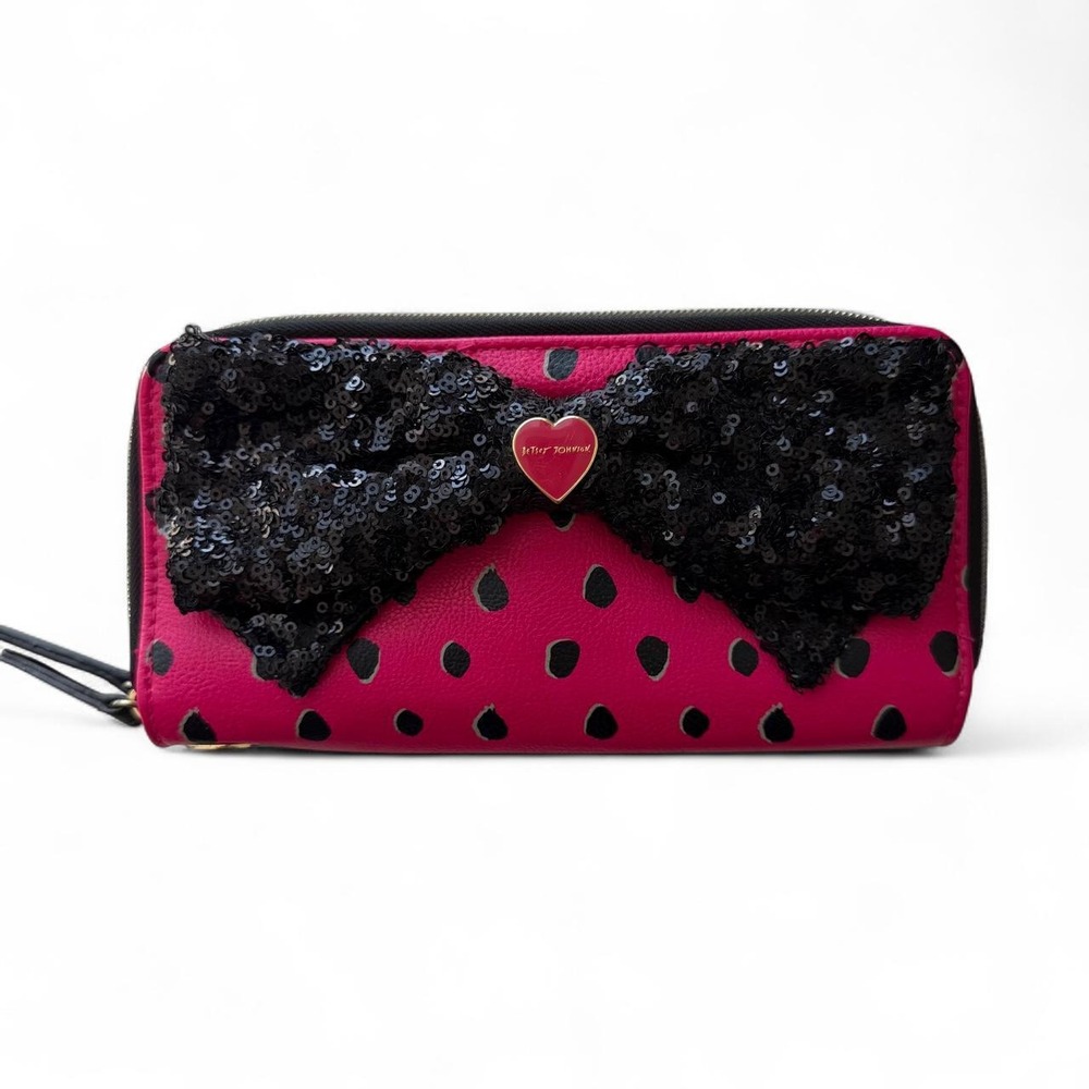Betsey Johnson Hot Pink and Black Sequined Bow Wallet